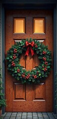 Wreath on the front door made of fir branches, holly sprigs, and pinecones , fir branches, winter theme, white door
