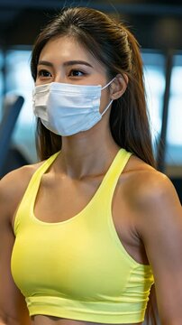Woman in yellow workout top exercising in gym while wearing face mask during health precautions