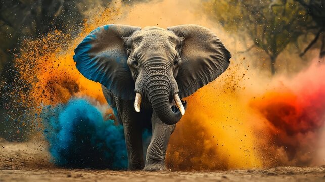 A vibrant elephant charging through colorful dust clouds, showcasing nature's beauty and wildlife's power.