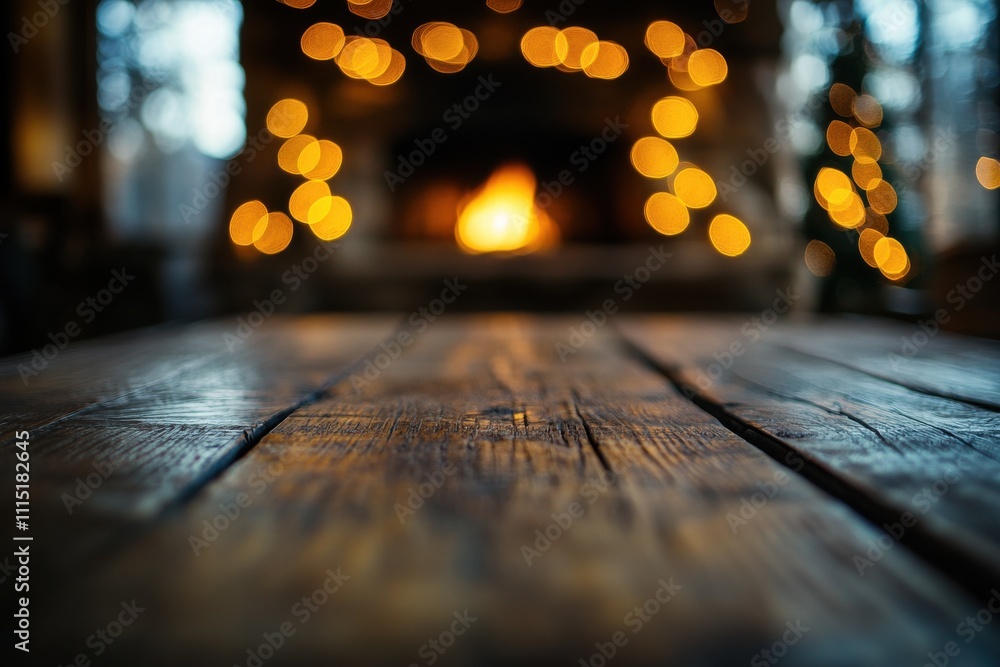 Poster wooden table and fireplace background a rustic wooden table in sharp focus in the foreground with a 