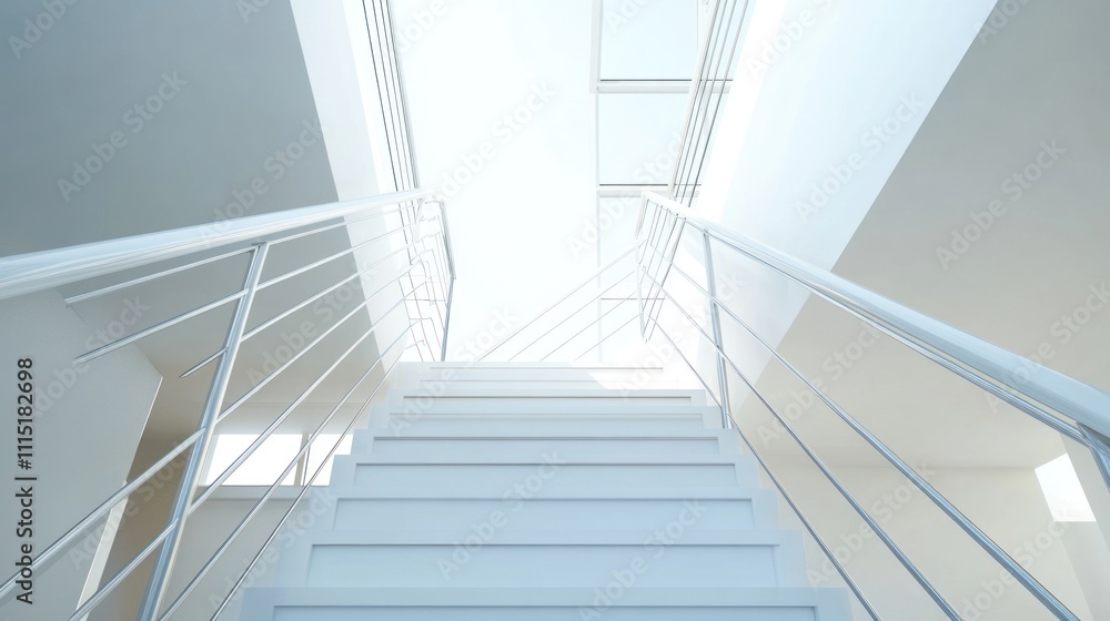 Poster a modern staircase with a bright skylight, creating an open and airy atmosphere.