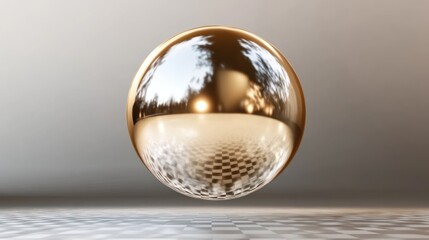 A floating sphere with a reflective metallic surface in gold and silver tones, transparent background 