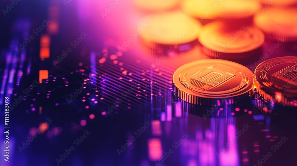 Poster digital tokens shine in vivid colors against a backdrop of complex data patterns, showcasing the fus