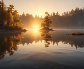 Obraz premium Elegant golden light floats across a tranquil lake at dawn, peaceful ambiance, golden light