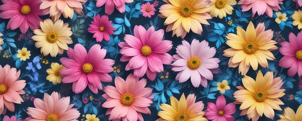 Fototapeta premium Floral pattern with a burst of colorful painted flowers in shades of pink, blue, and yellow, fresh flowers, floral pattern