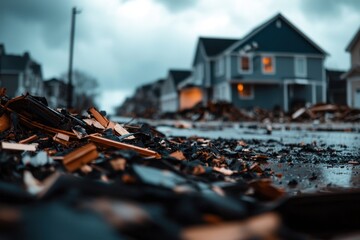 A pile of debris is on the street in front of a house