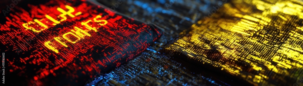 Poster close-up of two colorful circuit boards showcasing intricate designs and patterns.