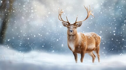Majestic red deer stag standing in a snowy forest, antlers spread wide.