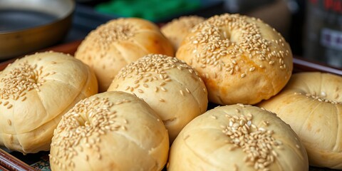 Close up of Chinese Muslim bread dough with sesame seeds, a popular street food in Xi'an, Shaanxi Province, China, China, sesame seeds