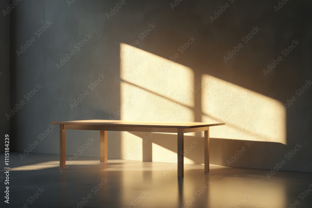 Poster sunlight streams across a minimalist wooden table creating an enchanting interplay of light and shad