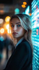 Fototapeta premium Beautiful young woman in a business suit looking at the camera, with a blurred Stock market big screen and people walking in the background. 