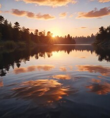 Obraz premium Softly glowing sunset over a serene lake with gentle ripples on the water surface, tranquil scene, soothing colors