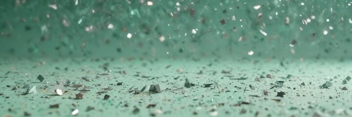 Naklejka premium Confetti explosion on light mint green surface with silver stars and glitter, celebratory scene , glittering decorations, festive atmosphere