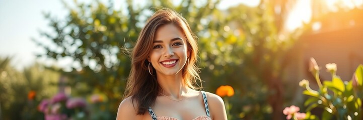 Naklejka premium Close up shot of a stunning female model with long flowing hair and a radiant smile, posing outdoors in a lush garden setting, beauty, fashion