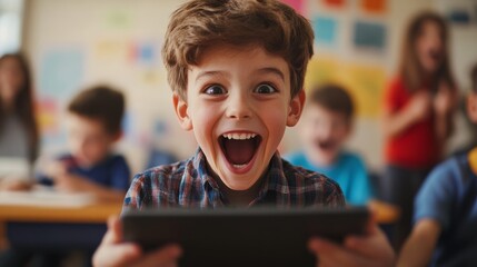 A joyful boy in a classroom enthusiastically holds a tablet, surrounded by classmates, embodying excitement and engagement in learning.