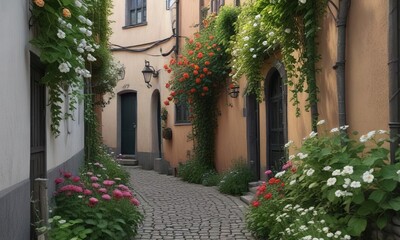 Fototapeta premium A small, secluded alleyway lined with tall flowers and vines in a hidden corner of Riddarholmen, corner, tall flowers, hidden
