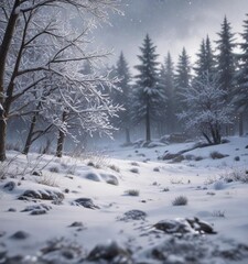 Fototapeta premium Snowflakes gently falling on a peaceful winter scene, delicate flakes, calming moments