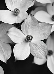 Beautiful black and white close-up of delicate dogwood flowers, highlighting their intricate petals and unique structure against a soft blurred background.