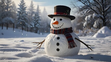 Fototapeta premium A photorealistic image of a snowman standing in a snowy landscape, with soft, fluffy white snow surrounding it. 