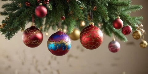 Colorful ornaments hanging from a beautifully decorated Christmas tree branch, ornaments, garlands