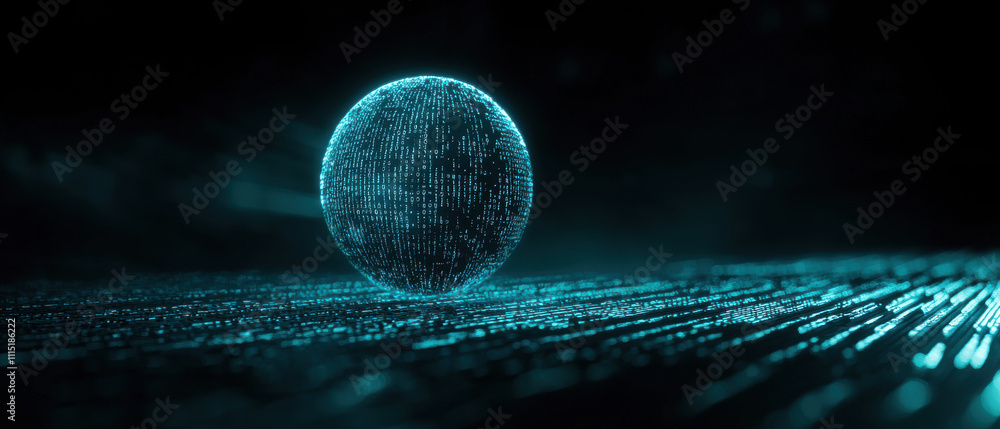 Poster futuristic holographic globe made of flowing binary data, glowing softly