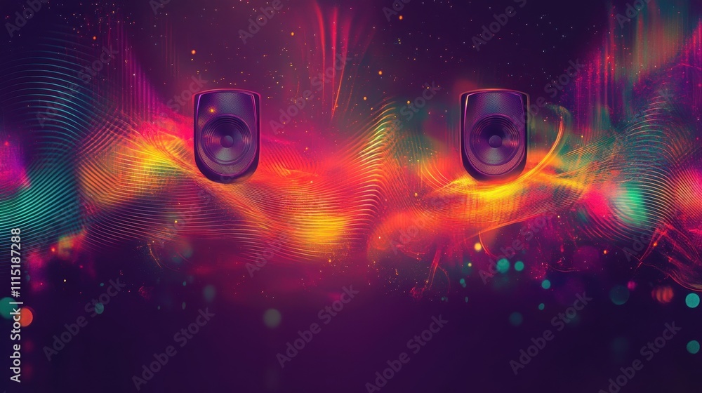 Poster abstract graphic featuring speakers with vibrant colors and dynamic wave patterns.