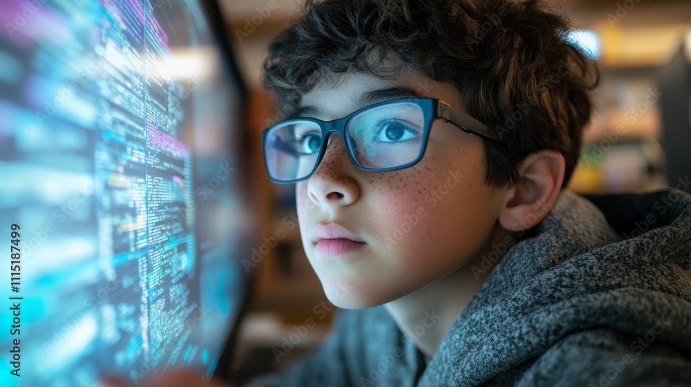 Poster a focused young boy with glasses stares intently at a computer screen filled with colorful code and 