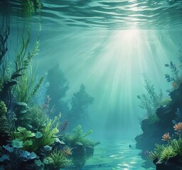 Obraz premium Watercolor painting of a serene underwater scene in blues and greens , aquatic life, peaceful atmosphere, underwater world