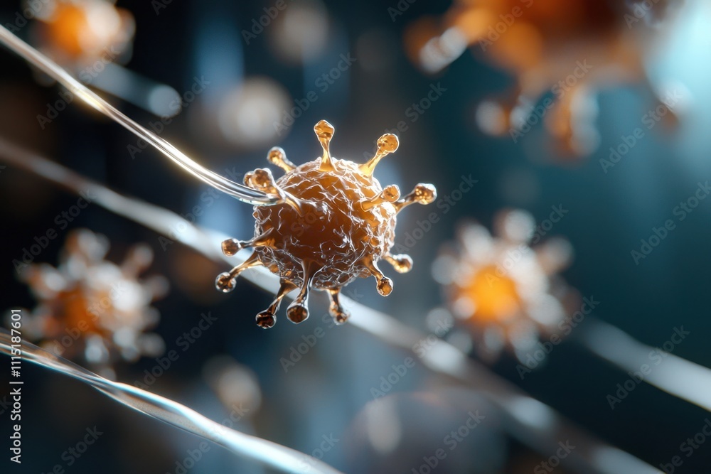 Poster a close up of a virus with a string attached to it