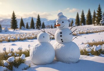Obraz premium Snowman made from snowballs stacked on top of each other in a field with rolling hills and snow-covered trees, rolling hills, snowballs