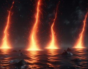 Fototapeta premium Abstract red sparks floating in the air amidst a sea of flames , powerful, molten