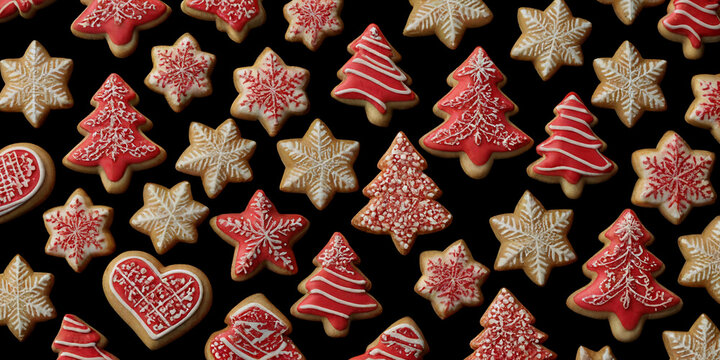 Rot-wei&szlig; verzierte Weihnachtskekse in Herz- und Baumformen, ideal f&uuml;r die festliche Stimmung