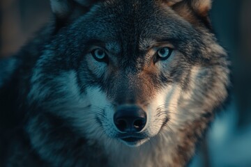 Fototapeta premium A wolf with a blue eye stares at the camera
