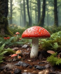 Amanita Muscaria cap with a distinctive shape and size on the forest floor, forest floor, nature photography, fungal growth