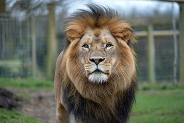 Obraz premium A lion with a long mane stands in a grassy area