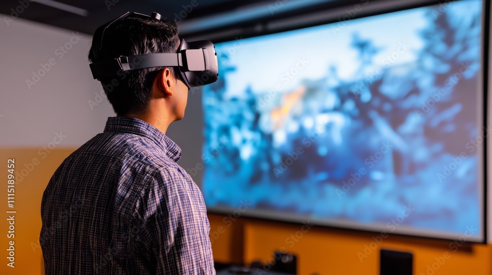 Poster a person wearing a vr headset stands in front of a large screen displaying immersive visuals, engagi