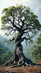 Ancient tree with gnarled branches and twisted trunk , twisted, gnarled