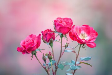 Obraz premium A bouquet of red roses with a pink background