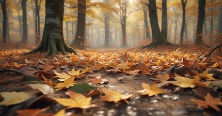 Soft focus captures the gentle hue of autumn-colored leaves scattered across a forest floor , leaf fall, blurred details