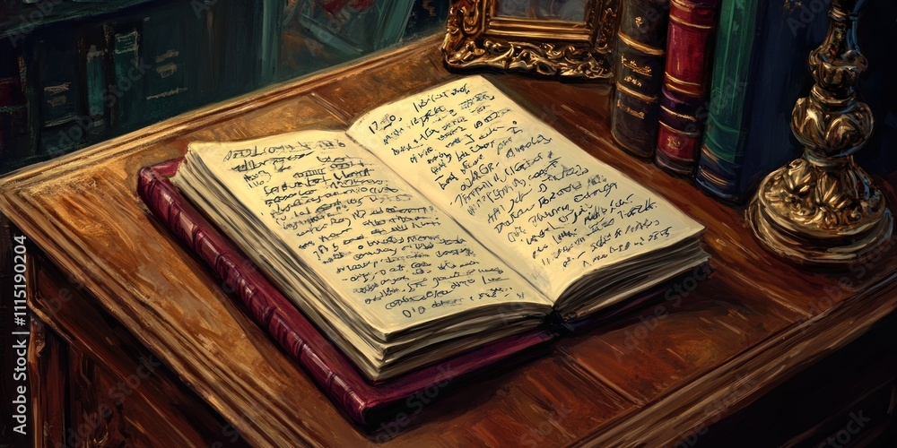 Aufkleber an open book with handwritten notes resting on a wooden table surrounded by books.