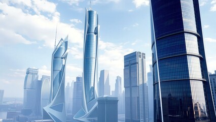 Naklejka premium Futuristic Cityscape: Blue Skyscrapers Against Cloudy Sky, Perfect for Tech Backgrounds and Digital Art