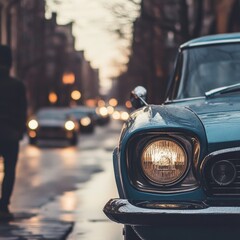 Fototapeta premium Vintage Car Parked on a City Street During a Rainy Evening, With Warm Lights Reflecting off Wet Pavement and Silhouettes of Pedestrians Wandering By