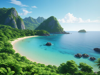 Obraz premium Generated beautiful scenic natural bay illustration, with fresh blue scenic sea, ocean, sandy beach, and lush green scenic landscape island, with clear blue summer sky.