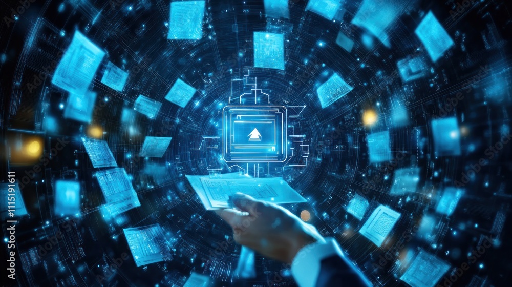 Poster a digital representation of data processing and technology, featuring holographic elements.