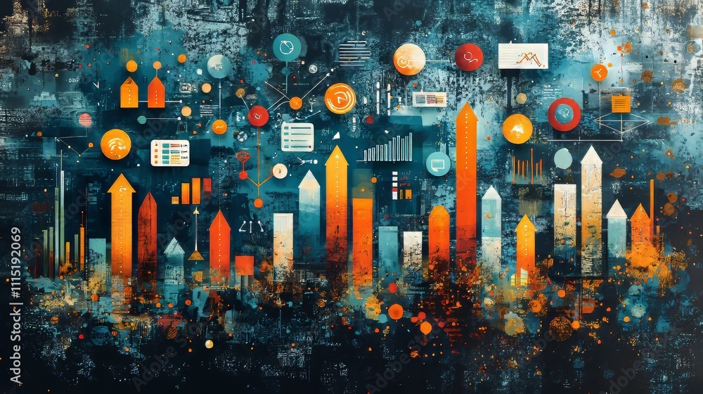 Poster vibrant city skyline illuminated by colorful data visualizations captured in an abstract design duri