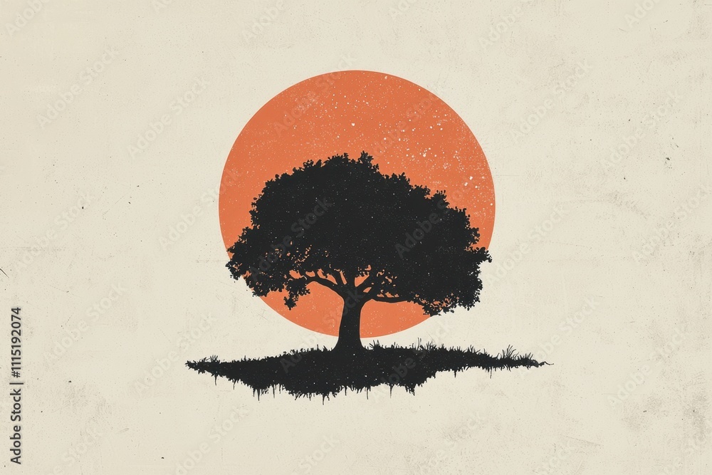Poster a tree is in the center of a circle with a sun in the background