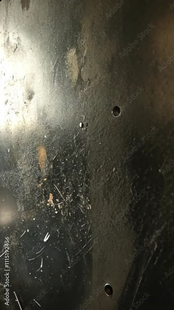 Poster close-up view of scratched metallic surface with reflections and texture details captured in low lig