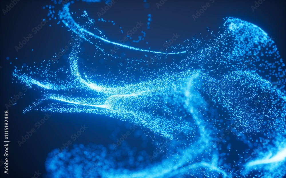 Poster blue abstract glowing particles, 3d rendering.