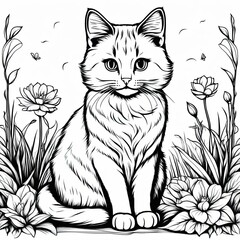 Obraz premium A line art black-and-white illustration of a cute kitten.