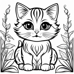 Obraz premium A line art black-and-white illustration of a cute kitten.